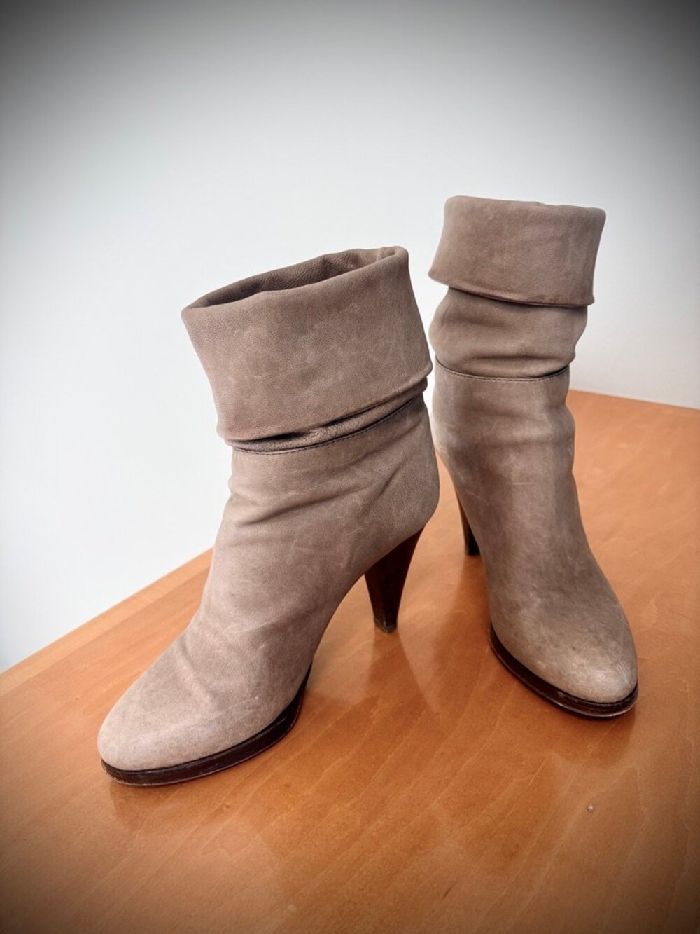 J. Crew Taupe Leather Foldover Heeled Platform Boots, Size 7